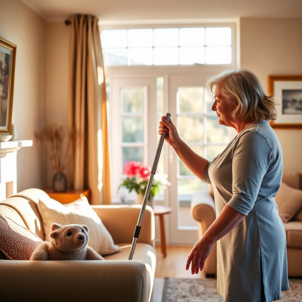 A caring TidyFox cleaner gently tidying the home of an elderly client in Birmingham